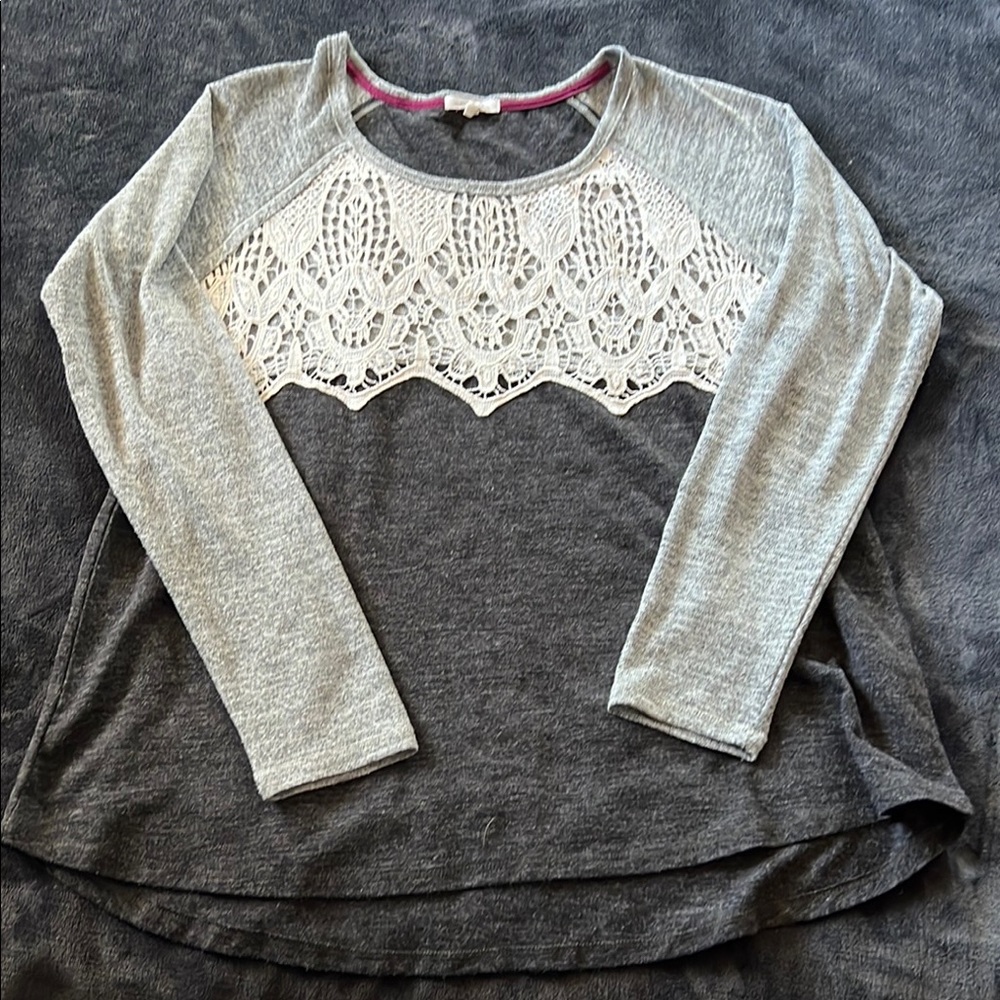 Gray and Cream Lace Long Sleeve Top